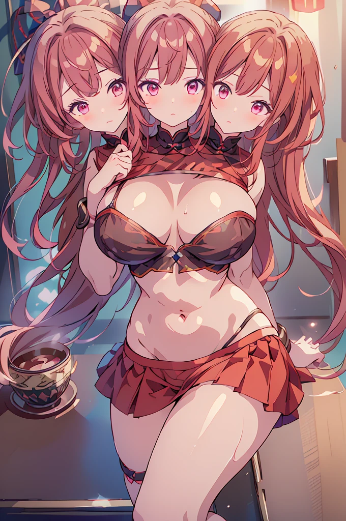 (masterpiece, best quality),best quality, (ultra-detailed), ((3heads:1.5)), 1girl, (sekibanki:1.3), masterpiece, best quality, ultra detail, ultra resolution, ultra detail, purple top, crop top, ((stomach)), midriff, ((groin)), red skirt, normal ears, shackles, red hair, very long hair, wavy hair, sidelocks, red eyes, very detailed eyes, parted lips, open belly, navel, sweat, cute, toned belly, hand on own chest, eyelashes, (23 year old woman:1.3), (masterpiece:1.5), (best quality:1.5), (beautiful detailed), extremely detailed CG, extremely delicate and beautiful, depth of field, (finely detailed face), (perfect details:1.2), (mature female:1.3), wide pelvis, slender, large veiny breast, 16k resolution, highres, high quality, high definition, extremely detailed, masterpiece, best quality, red hair, long hair, alluring presence, braid, short skirt, close up, very big tits, huge tits, young, striped, hair ornament, blue ribbon, hair bow, midriff, nsfw, girl with three heads, three headed girl,