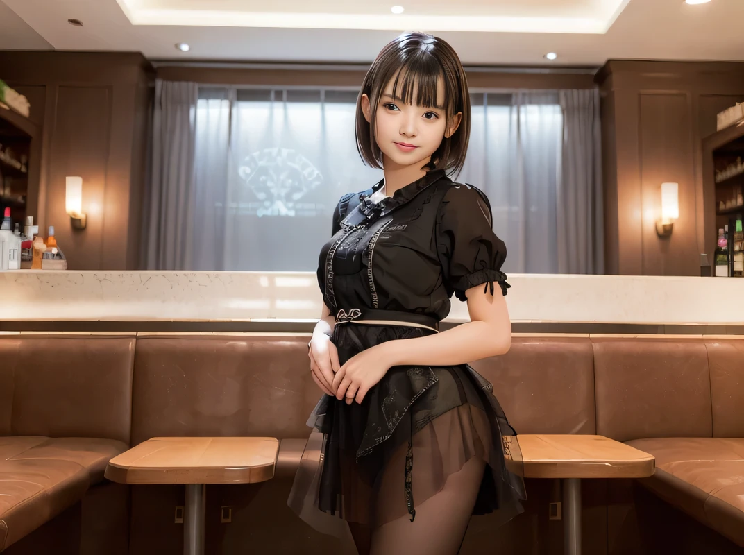 (Highest quality, masterpiece, Ultra-high resolution, 8K, RAW Photos, Realistic, Anatomically correct:1.5), 20-year-old girl:1.2, Embarrassing, avert your eyes, blush:1.0, View Viewer, ((Bar Lounge)) 、Large windows、Night view、 Light:1.2, Bokeh, Cinema Lighting:1.0, Depth of written boundary, sharp、 Cute face、Idol、Black short sleeve lace top、Black tulle skirt、Black clothing、”(dwarf)”、(Floral clothes)、(Full Body Shot)、Side angle、Cowboy Shot、 smile、(Ultra short hair)、(Short bob cut)、(Straight bangs)、((See-through clothing))、(( One Girl))、Large Breasts、I can see your belly button、