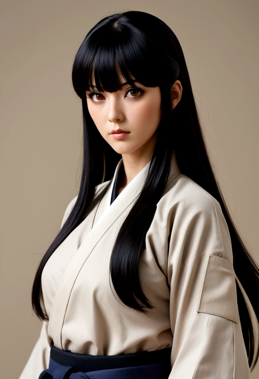 a tall woman with long black hair and bangs, she has brown eyes, she is wearing a jujutsu high uniform,