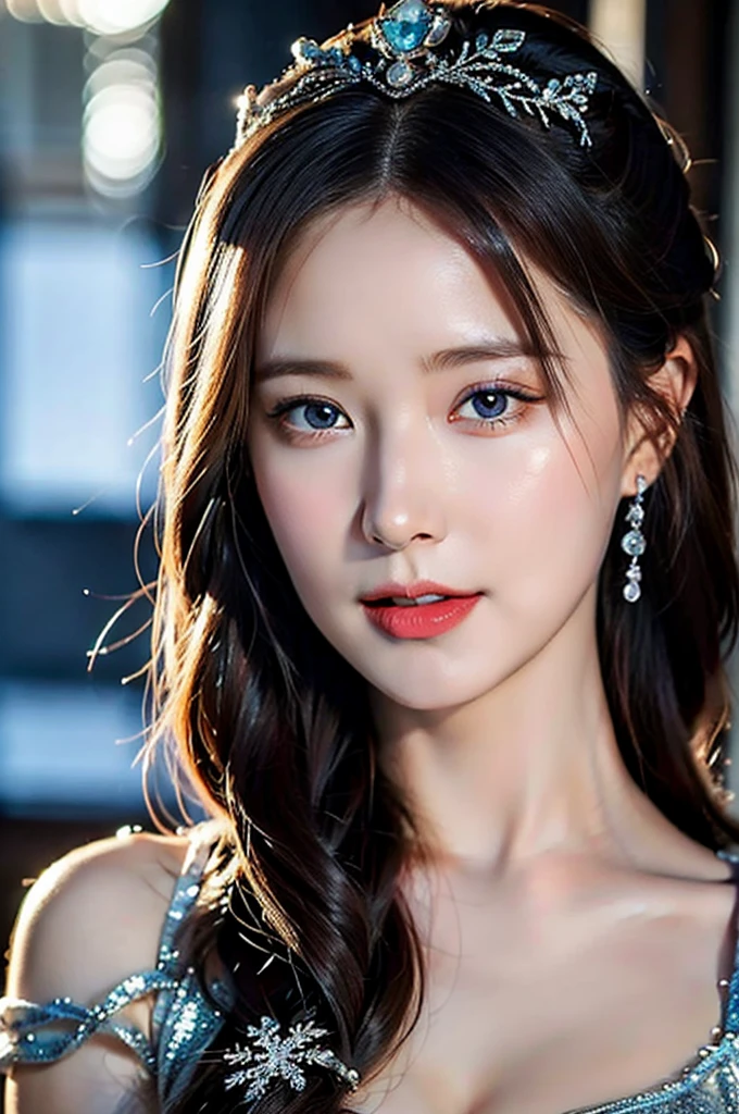 ((topless)) (best quality,4k,8k,highres,masterpiece:1.2),ultra-detailed,(realistic,photorealistic,photo-realistic:1.37),snow queen,beautiful detailed eyes,beautiful detailed lips,extremely detailed eyes and face,long eyelashes,snow-covered palace,winter wonderland,crown of ice,sparkling snowflakes,ethereal beauty,snowflakes swirling around,snow-covered trees,gorgeous snow queen,glowing ice shards,powdery snow,snowflakes glistening in the sunlight,majestic and graceful presence,snow-capped mountains,icy breath,hint of blue and silver in the color scheme,dramatic lighting,soft snow falling,queen's regal gown,subtle shades of white and blue,icy palace walls,Ice Queen's enigmatic smile,crystal-like skin,icy blue eyes, ultra-realistic, photorealistic, photograph, photogenic, bokeh, cleavage, bare shoulders, concentrated expression, full body.