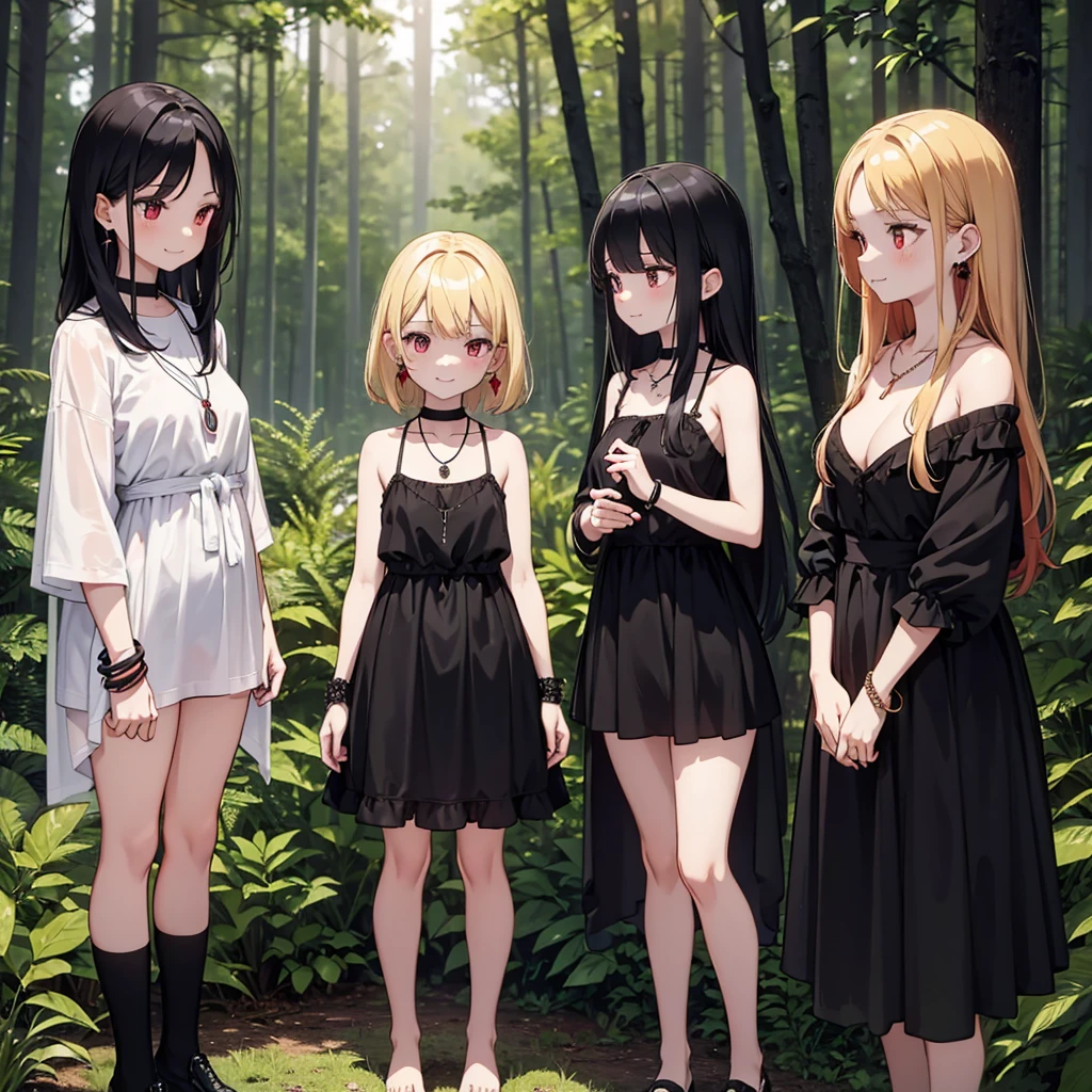 a group of beautiful witch girls in the middle of a forest in the night, necklaces, girls standing, girls standing in the middle of the forest ,  bracelets, earrings, completely naked tribal tattoos, three girls, blonde hair, black hair , red hair, smile
