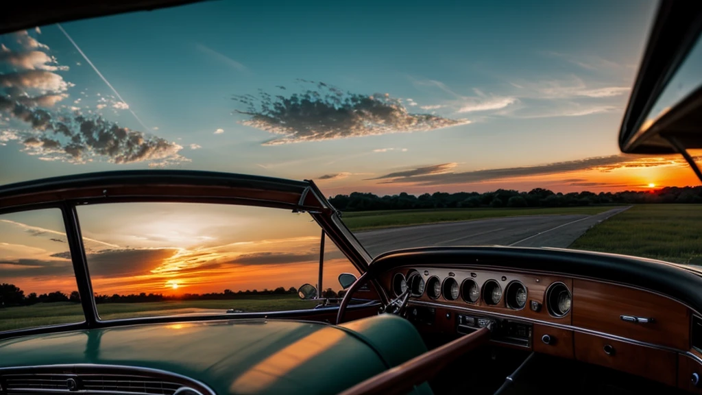 Inside a old school car ; money sitting on the dashboard ; a sunset with nice clouds out of the windshield