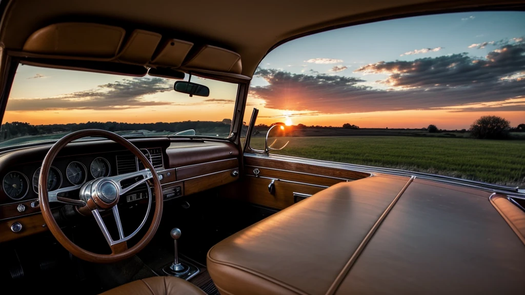 Inside a old school car ; money sitting on the dashboard ; a sunset with nice clouds out of the windshield 