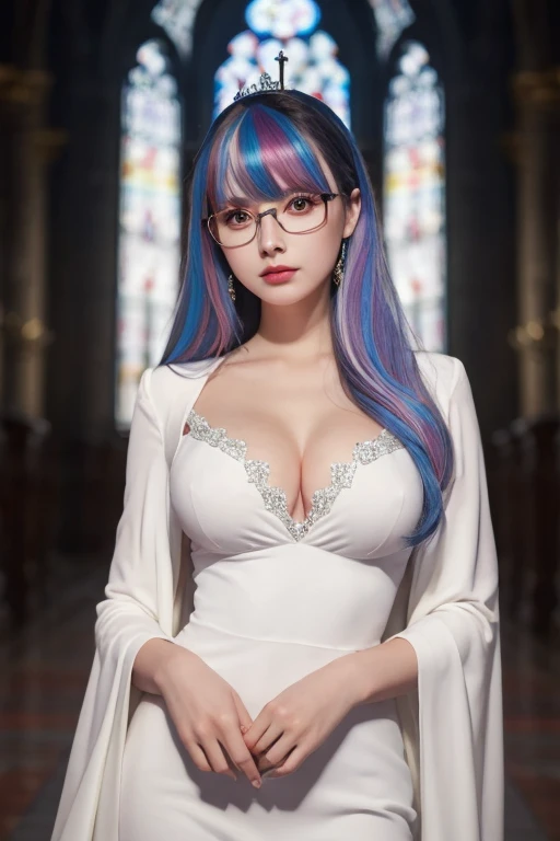 ((masterpiece)), ((Highest quality)), (Super detailed), ((Very detailed)), 4K, (8K), Highest quality, (beautiful)0, holy place, night, Beautiful girl, One girl, alone, Lady, Rich man, beautiful rainbow hair0, ((beautiful eyes)), Large Breasts, nice,White Dress,Diamonds suit you,Glasses,
