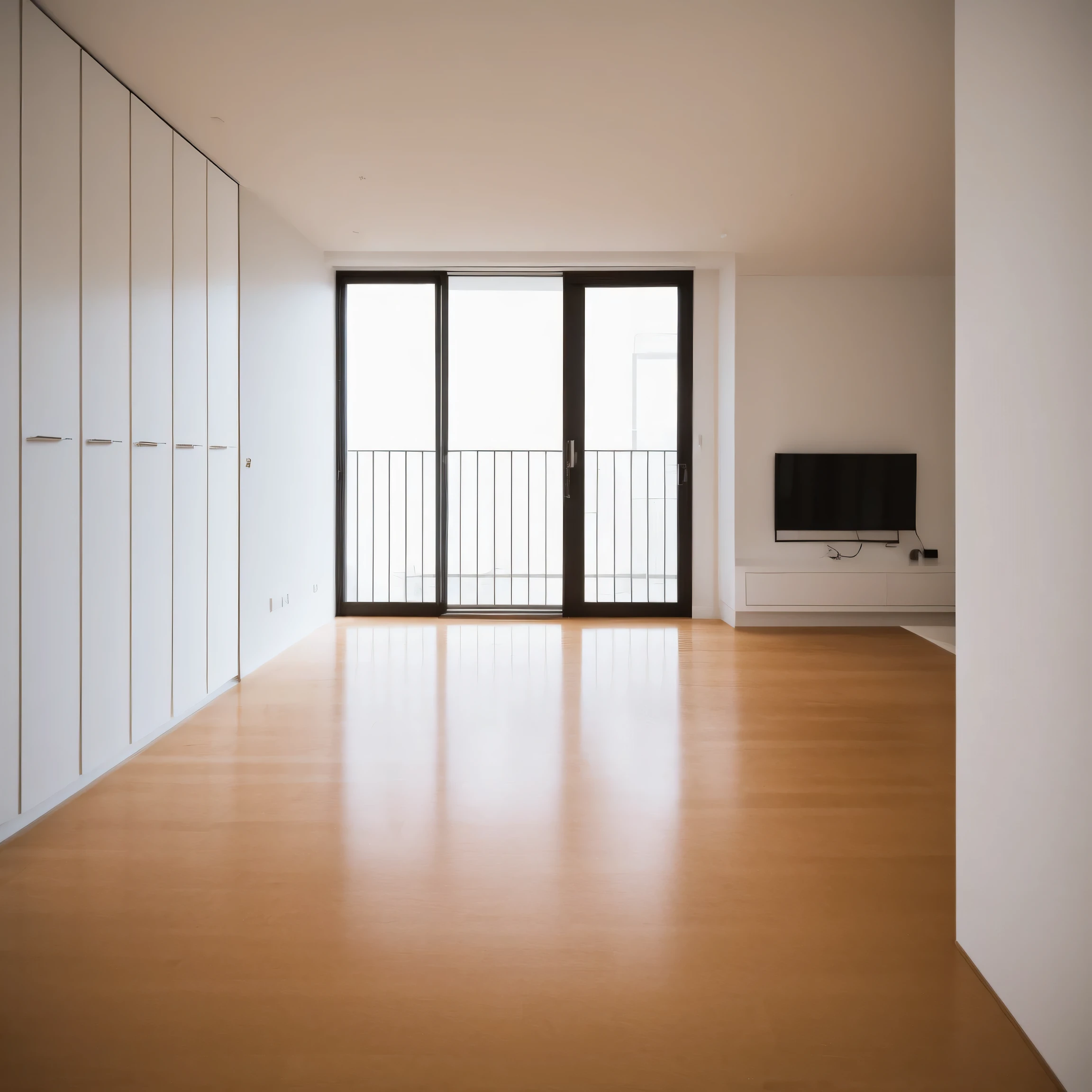 Imagine a minimalist and modern empty room interior.。The scene is、The room has white walls and light grey laminate flooring.。At the top left of the room、There is a wall-mounted air conditioner。On the right、Near the sliding glass door that leads to the balcony、Place a medium-sized white refrigerator、Partially revealing sheer curtains。The room is bright and bright.、Natural light comes in through the sliding doors、Accentuate the clean and simple aesthetic of an urban apartment space。