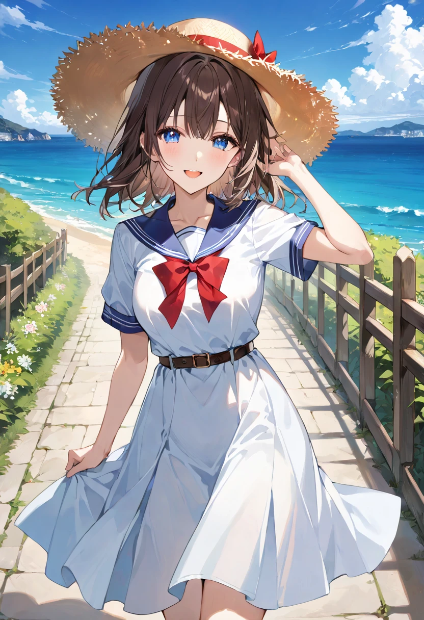 masterpiece, best quality, ultra detailed, sparkling eyes, The character is wearing a white dress with short sleeves and a sailor-style collar. The dress is cinched at the waist with a belt, and the skirt flares out, creating a graceful and flowing appearance. Gold buttons decorate the front of the dress, She is wearing a large straw hat with a wide brim, adorned with a red ribbon and a large yellow bow on the side. She holds the brim of the hat with one hand, as if to keep it from being blown away by the breeze, The character has long, dark brown hair that cascades down her back. The hair appears to be softly swaying in the wind, She has a bright and cheerful smile, with large, sparkling blue eyes that convey a sense of happiness and excitement, The background prominently features a breathtaking view of the ocean. The water is a vibrant blue, reflecting the clear sky above. Gentle waves are visible, adding a sense of calm and serenity to the scene, The coastline is winding and picturesque, with sandy beaches stretching along the shore. The beaches are interspersed with green areas, likely covered with grass and low vegetation, To the left, the scene is bordered by lush green mountains. These mountains have a gentle slope and are covered with dense, verdant foliage. The mountain range extends into the distance, adding depth to the landscape, The sky is clear and bright blue, dotted with a few fluffy white clouds. The clouds are sparsely scattered, allowing the blue sky to dominate the scene and complement the color of the ocean, In the foreground, there is a paved pathway where the character is standing. The path appears to be made of stone or concrete slabs and is bordered by grass and small flowering plants, adding to the natural charm of the setting, Along the right side of the pathway, there is a wooden fence with horizontal railings. The fence runs parallel to the coastline, providing a safe boundary for the path and enhancing the rustic,