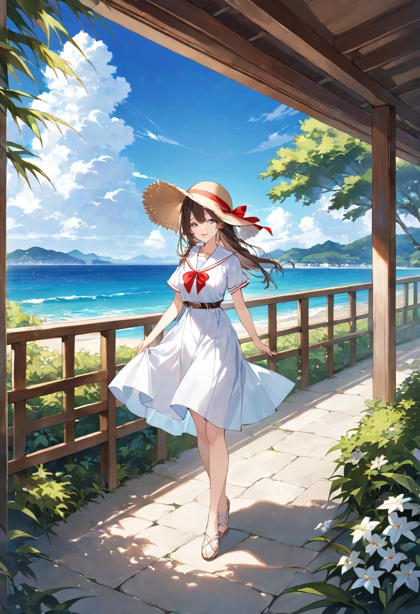masterpiece, best quality, ultra detailed, sparkling eyes, The character is wearing a white dress with short sleeves and a sailor-style collar. The dress is cinched at the waist with a belt, and the skirt flares out, creating a graceful and flowing appearance. Gold buttons decorate the front of the dress, She is wearing a large straw hat with a wide brim, adorned with a red ribbon and a large yellow bow on the side. She holds the brim of the hat with one hand, as if to keep it from being blown away by the breeze, The character has long, dark brown hair that cascades down her back. The hair appears to be softly swaying in the wind, She has a bright and cheerful smile, with large, sparkling blue eyes that convey a sense of happiness and excitement, The background prominently features a breathtaking view of the ocean. The water is a vibrant blue, reflecting the clear sky above. Gentle waves are visible, adding a sense of calm and serenity to the scene, The coastline is winding and picturesque, with sandy beaches stretching along the shore. The beaches are interspersed with green areas, likely covered with grass and low vegetation, To the left, the scene is bordered by lush green mountains. These mountains have a gentle slope and are covered with dense, verdant foliage. The mountain range extends into the distance, adding depth to the landscape, The sky is clear and bright blue, dotted with a few fluffy white clouds. The clouds are sparsely scattered, allowing the blue sky to dominate the scene and complement the color of the ocean, In the foreground, there is a paved pathway where the character is standing. The path appears to be made of stone or concrete slabs and is bordered by grass and small flowering plants, adding to the natural charm of the setting, Along the right side of the pathway, there is a wooden fence with horizontal railings. The fence runs parallel to the coastline, providing a safe boundary for the path and enhancing the rustic,