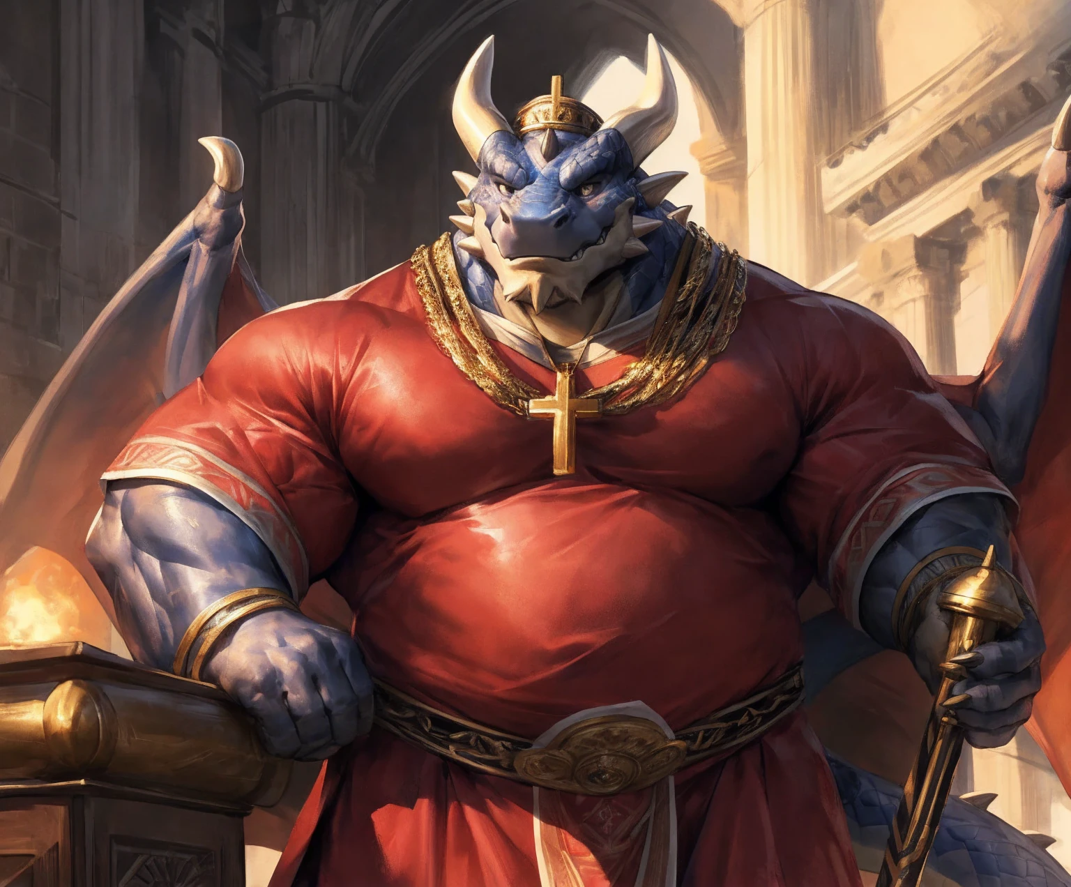human nature, cannon, male, solitary, ((the strong，Handsome)), (dragon),Traditional Catholic Pope outfit， standing，Traditional Catholic style，Hand in hand cross，high quality, (4K,high quality, high resolution, masterpiece), Front view (close up), cartoon,by lindong