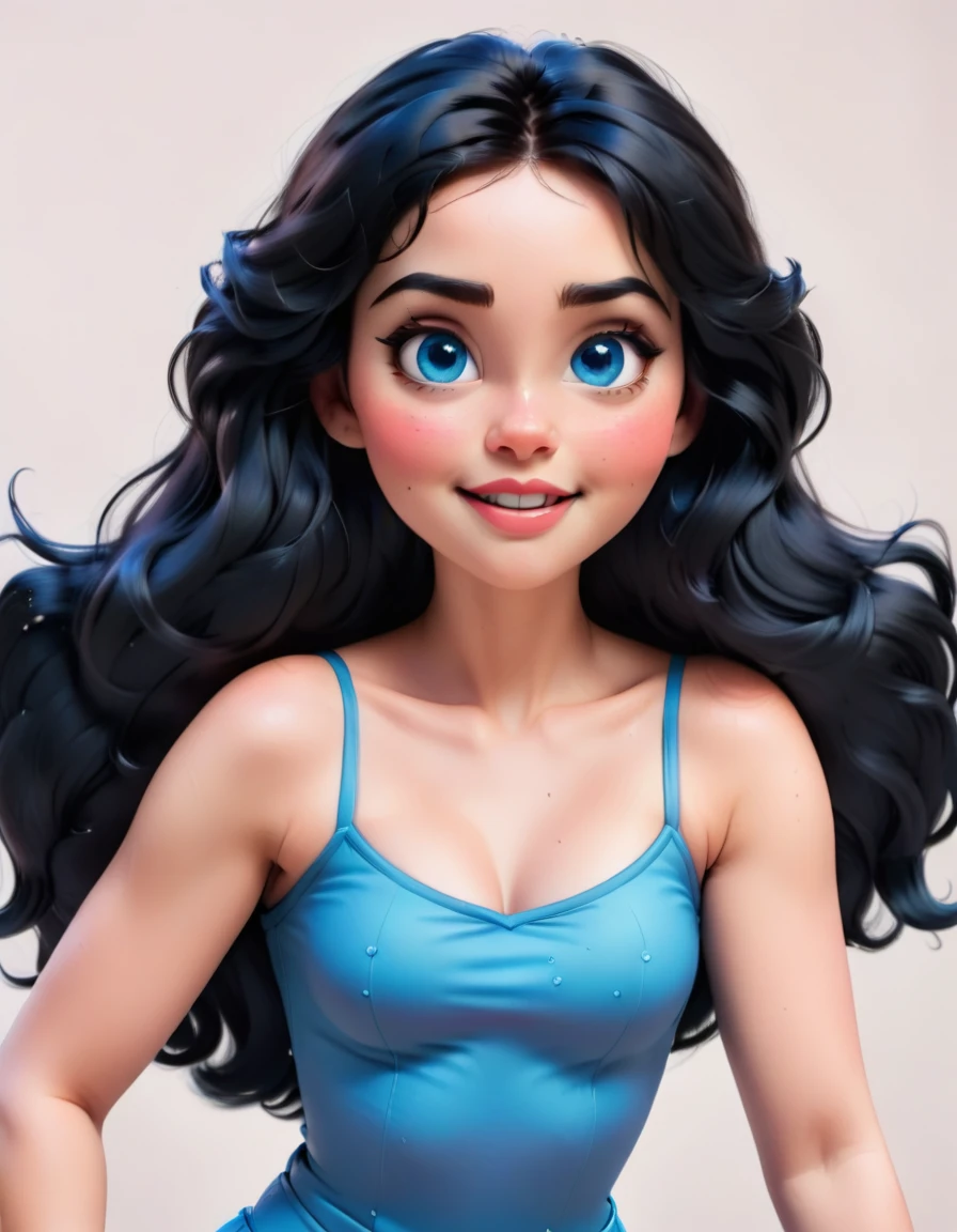 Disney style, curvy blue eyed girl with long wavy black hair and small breasts, loving expression, armpits 