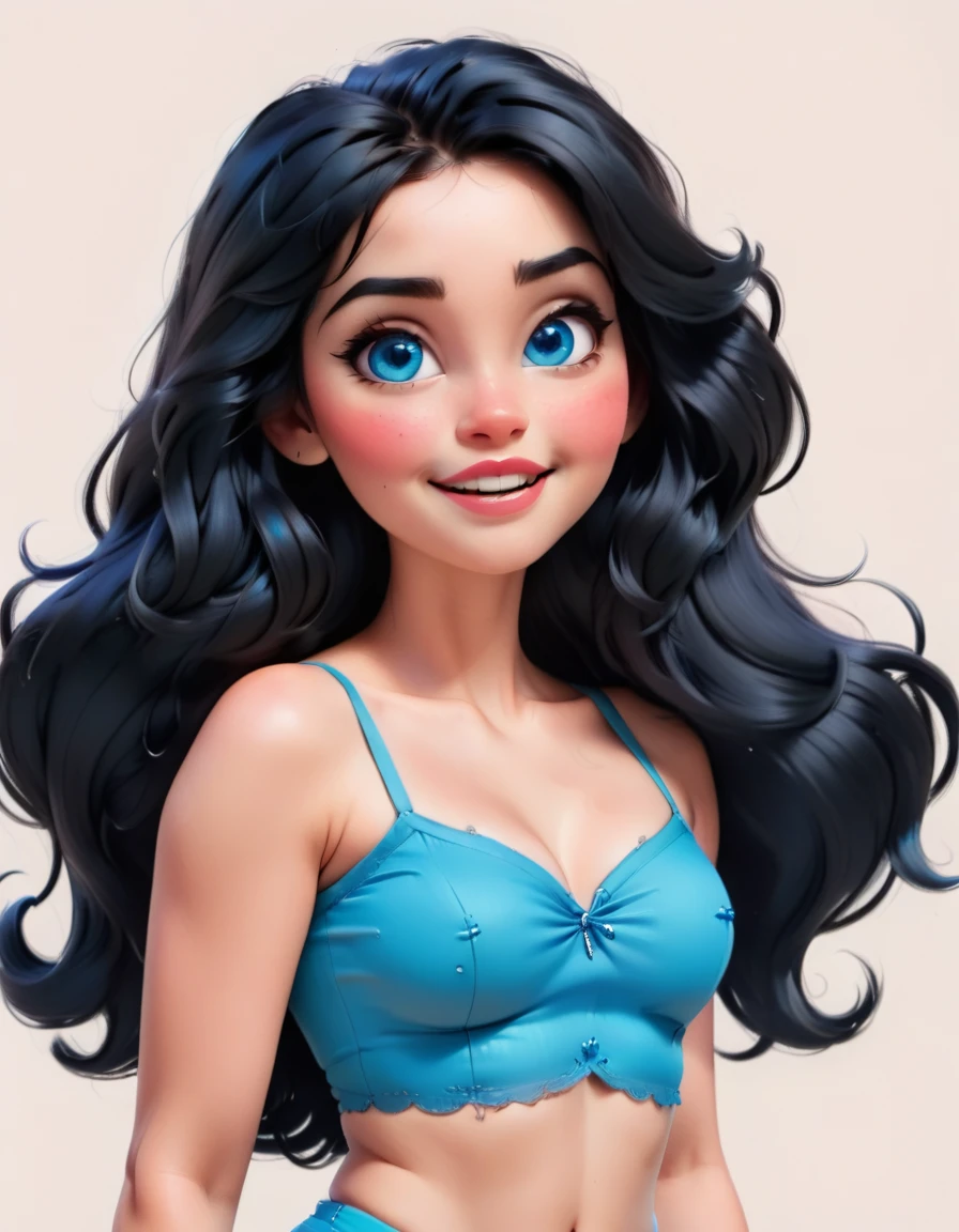 Disney style, curvy blue eyed girl with long wavy black hair and small breasts, loving expression, armpits 