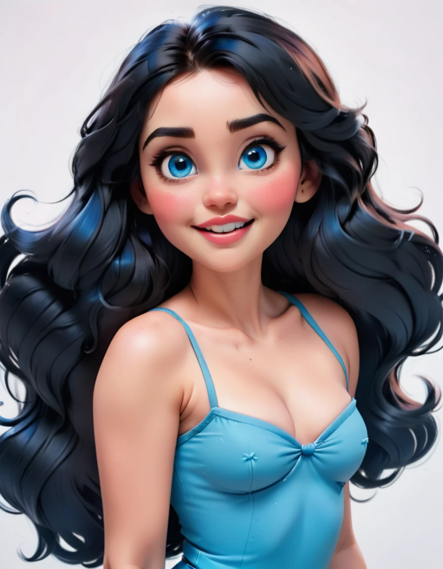 Disney style, curvy blue eyed girl with long wavy black hair and small breasts, loving expression, armpits