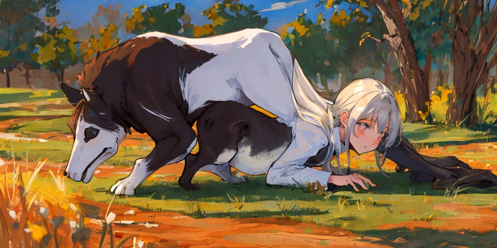 Cute little 3 year old girl with white hair, (she having sex with 2 horse), sin ropa, desnuda, (face 3 years), ahegao, arte conceptual,complejo, pintura digital muy detallada, SUAVIDAD, sharp focus, Sparkly Filigree Fantasy, Una obra maestra del arte digital