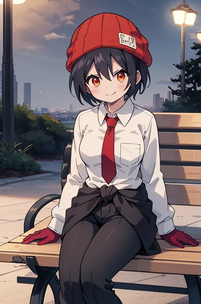 (masterpiece, Highest quality:1.2), alone, One girl, izumo fuuko, smile, View your viewers, Sitting, bench, Red Hat, Beanie, V-shaped eyebrows, Collared shirt, White shirt, Red tie, gloves, Black trousers, Waist clothes 