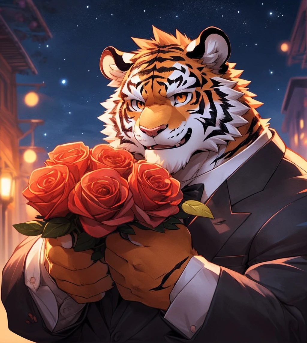 human nature, cannon, male, solitary, ((Round Face, The face is plump,Orange eyes,Small amount of black beard)), ((Endomorph, Handsome,Handsome)), (White shirt,With black tie), ((domestic tiger, tiger), (在rose seas表白), Bokeh, (high quality, high resolution, Masterpiece 1.2), (Dynamic Lighting, Vibrant colors), (Generous smile,The face is slightly red,Love on the face,Propose with roses in hand,expect), (Face Focus), Front view (close up), cartoon, author:Takemoto Arashi, From zixiong, author:Chunni, author:Ethereal,(background:晚霞的rose seas满天的Starry Sky1.5),rose seas,glow,night,Starry Sky,Auspicious Clouds,background丰富详细