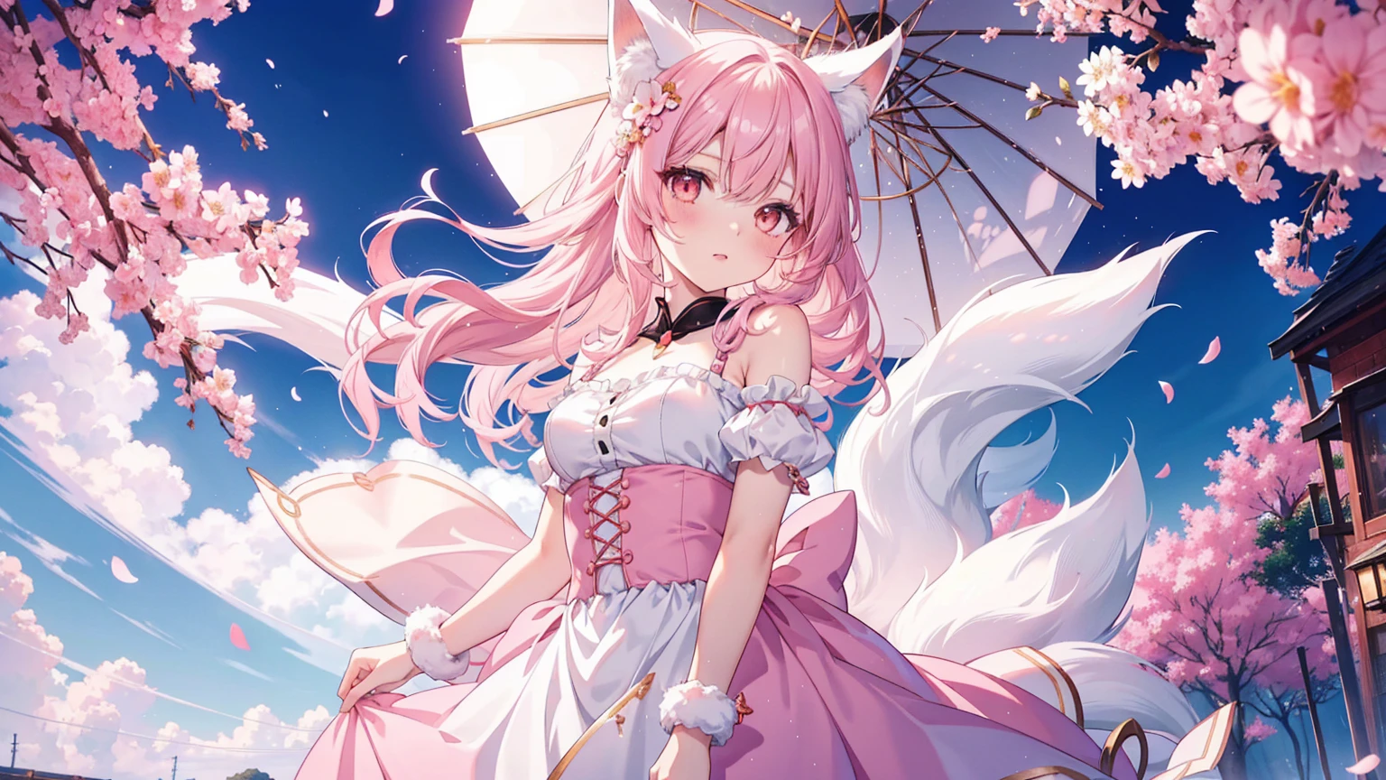 Nine snow-white fox tails (1.0), Milky white fox tail (1.0), Nine-tailed fox close-up, Nine Tails, Nine Tails, Pink Hair、Wearing a pink dress、Anime girl with flowers in her hair, very Beautiful anime fox girl, Beautiful anime fox girl, Beautiful fantasy anime, Gu Weiss, Anime girl with fox ears, Beautiful anime girl, Very beautiful and cute fox girl, Pink flower rain, Background blur, Anime style 4k, Anime Fantasy Artwork, 4k anime wallpaper, Guvez-style artwork