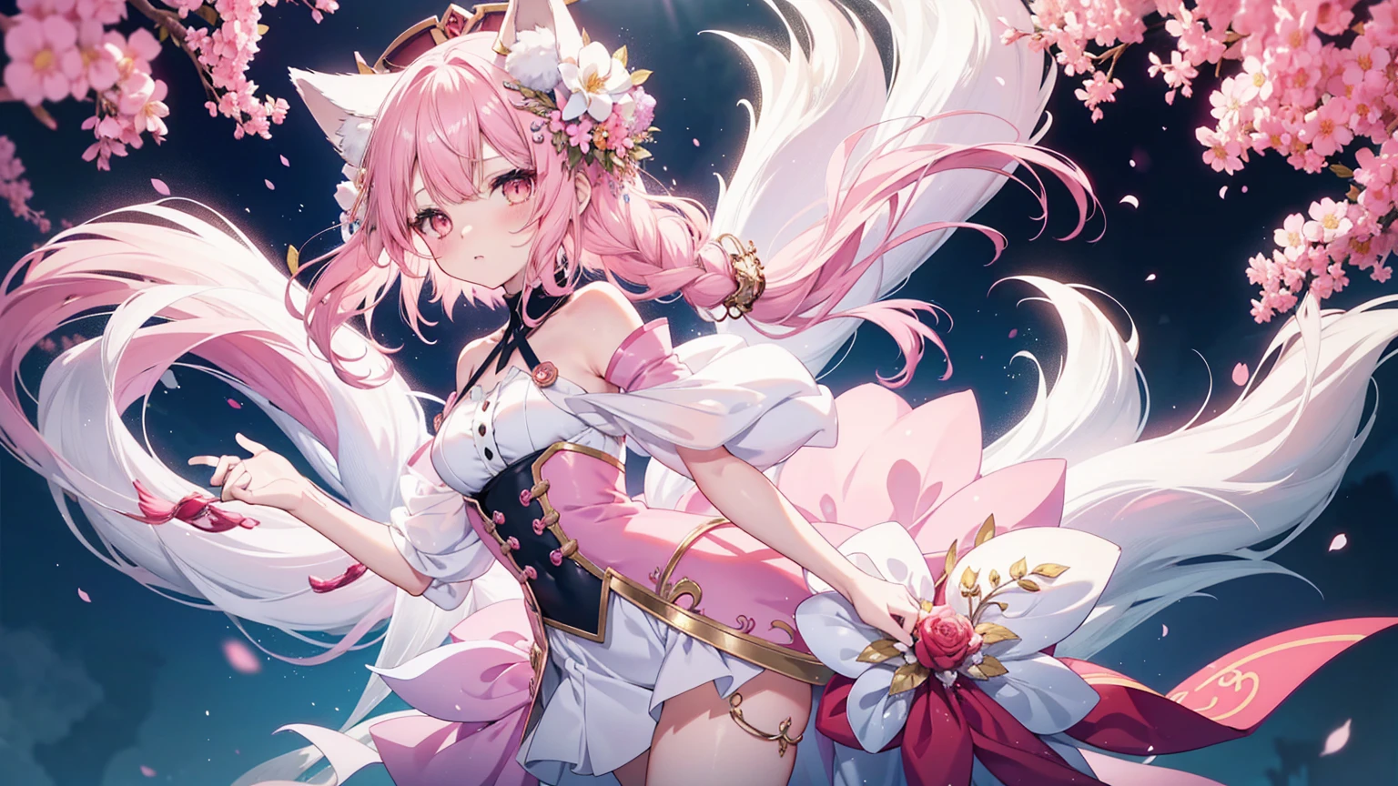 Nine snow-white fox tails (1.0), Milky white fox tail (1.0), Nine-tailed fox close-up, Nine Tails, Nine Tails, Pink Hair、Wearing a pink dress、Anime girl with flowers in her hair, very Beautiful anime fox girl, Beautiful anime fox girl, Beautiful fantasy anime, Gu Weiss, Anime girl with fox ears, Beautiful anime girl, Very beautiful and cute fox girl, Pink flower rain, Background blur, Anime style 4k, Anime Fantasy Artwork, 4k anime wallpaper, Guvez-style artwork