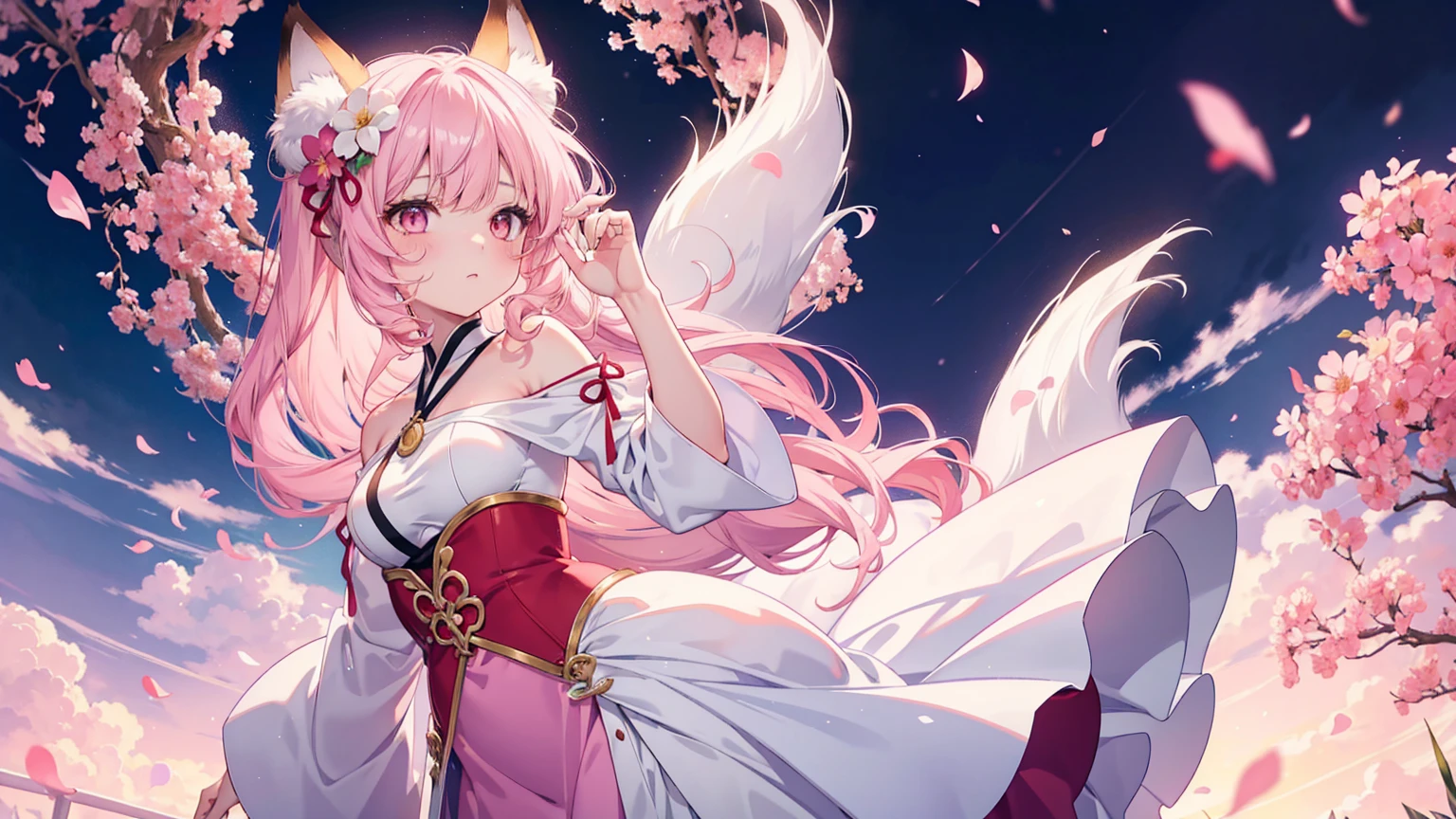 Nine snow-white fox tails (1.0), Milky white fox tail (1.0), Nine-tailed fox close-up, Nine Tails, Nine Tails, Pink Hair、Wearing a pink dress、Anime girl with flowers in her hair, very Beautiful anime fox girl, Beautiful anime fox girl, Beautiful fantasy anime, Gu Weiss, Anime girl with fox ears, Beautiful anime girl, Very beautiful and cute fox girl, Pink flower rain, Background blur, Anime style 4k, Anime Fantasy Artwork, 4k anime wallpaper, Guvez-style artwork