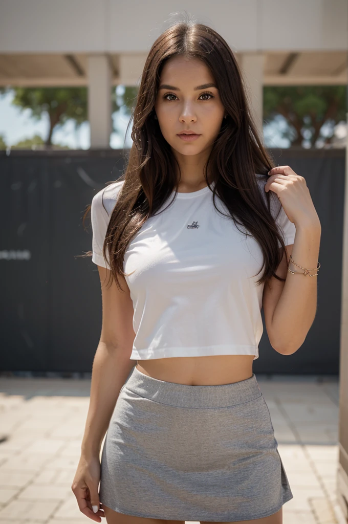 hyper-realistic full body shot photo of a 28 years old female human being, tanned and beautiful Japanese woman, dark hair, influencer, tanned, dark eyes, no make up, fitness body shape, wearing a white nike white short jersey with the nike swoosh on the right side, long skirt, sexy woman, tight hips, smiling, happy smile, corinthians, sexy woman, sensual, corinthians cropped, pony tail hair