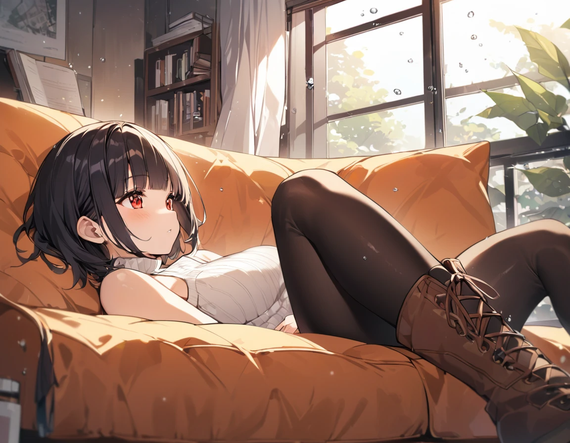 water drops on the window. She is lying on the sofa next to the window and reading. 1girl,solo,blunt-bangs,19 years old,short-hair,large_breasts,black-hair,red-eyes, thin_sleeveless_turtleneck_white_sweater,black_pleated_skirt,black_thighhighs,brown_boots,apartment,