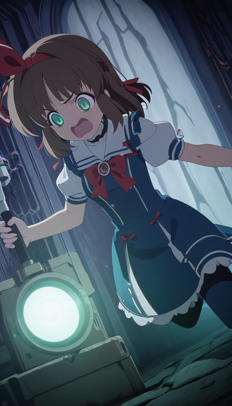 (best quality,4k,highres) A cute 15 years old japaneese girl, drawn in anime style, futuristic, Frutiger aero aesthetic, sci-fi, is afraid, jade green eyes, long brown hair, ribbon headband, small breast, white and blue futuristic sailor lolita dress with puffy sleeves, school crest, red ribbon, navy blue pantyhose, High tech sport shoes with glowing parts, holding a flashlight, screaming in horror, in a abandoned haunted mansion, running away from a creepy ghost, at night, moonlight, low brightness, darkness, highly detailed, 4K.