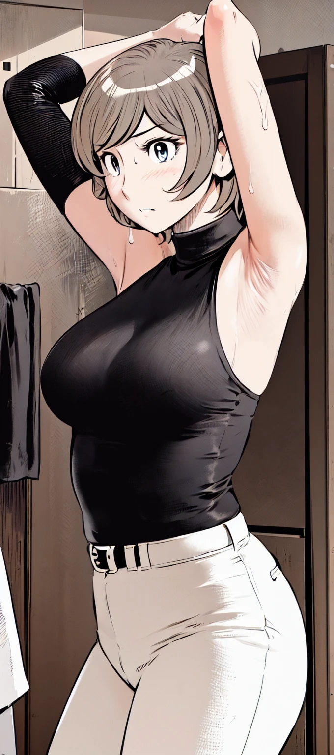 (short hair:1.2),Sleeveless、Black Shirt, turtleneck,White trousers、uniform、Black belt、((People illustrations))、Big Breasts、
View your audience,, (Highest quality:1.3),One Girl, White pants、uniform、blue eyes、Tight black shirt、(masterpiece、Highest quality)、Highest quality, Ultra-high resolution, (((masterpiece))), alone, Sweat、Big eyes、Big Breasts、One Girl, Front view、Embarrassed face、Bronze colored hair、((short hair))、locker room、Stretch your arms to the sides、Good posture、Stand upright、Stand up straight、Upper body close-up
