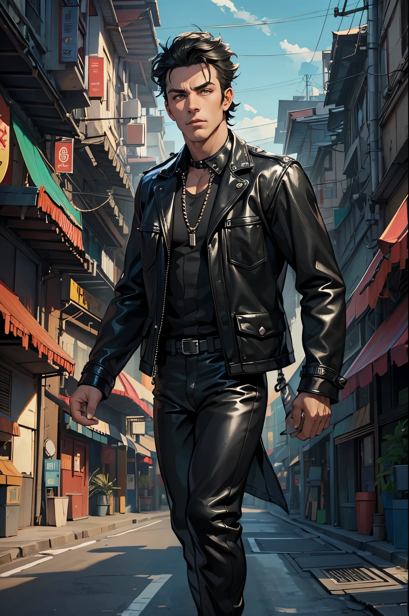 handsome huge gangsta bodybuilder Roman Todd on motorcycle, huge muscles, crotch bulge, quilted and studded with high spikes black shiny leather jacket, black shiny leather shirt, black shiny leather pants, black sunglasses, industrial architecture: 1.4), retrofuturism, insane details, (Fujiflim XT3), 20 megapixel,