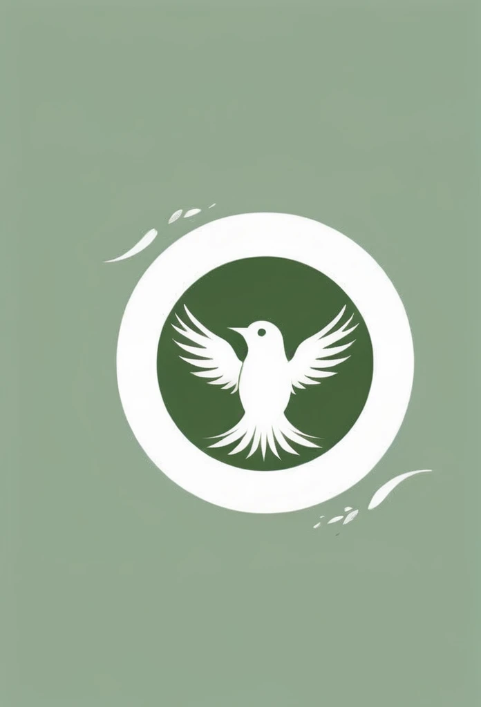 The company logo color is moss green, a lush forest、nature、forest、Healing、peace of mind、A logo of small birds flapping their wings. A very cool design. Chic and modern design. Monotone background is pure white.