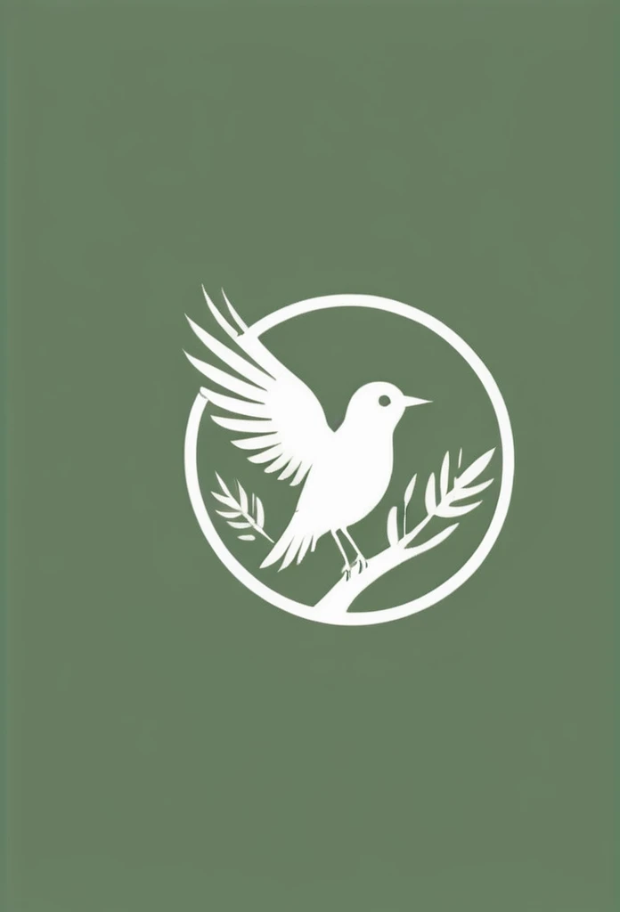 The company logo color is moss green, a lush forest、nature、forest、Healing、peace of mind、A logo of small birds flapping their wings. A very cool design. Chic and modern design. Monotone background is pure white.