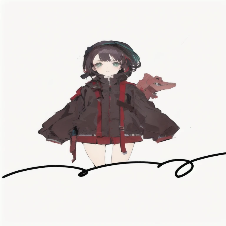 Realistic anime girl with a dinosaur dollin her shoulder, anime moe artstyle