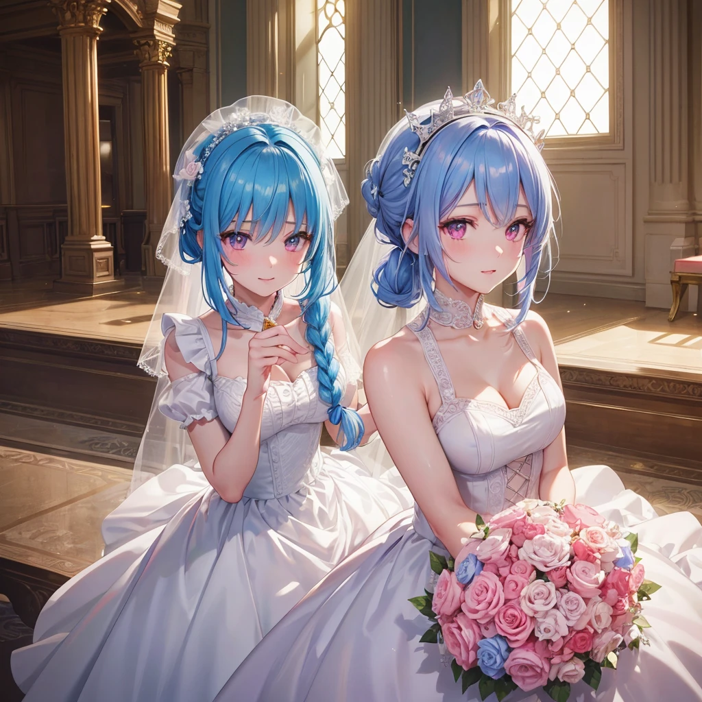 Sky blue hair, (Braided Ponytail),(Pink Eyes),Fair skin ,(whole body),(One girl),bride,A big smile,Straight bangs, 6月のbride,Wedding dress,(masterpiece, Highest quality, Very detailed, Best Shadow), (Detailed Background), (Beautifully detailed face), High Contrast, (Best lighting, Very delicate and beautiful), ((Cinematic Light)), colorful, Hyper Detail, Dramatic Light, Intricate details,Chapel background,A bouquet of roses in the right hand,Ring on left ring finger,