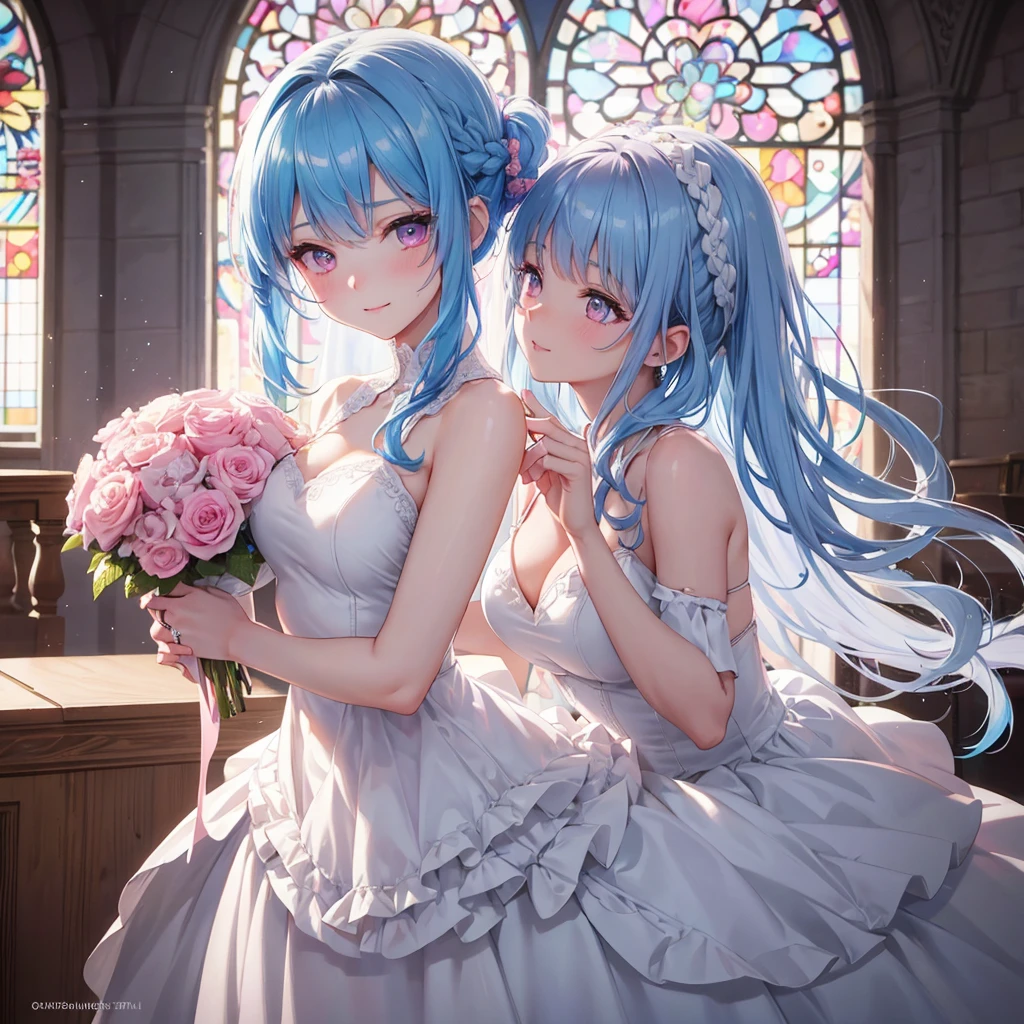 Sky blue hair, (Braided Ponytail),(Pink Eyes),Fair skin ,(whole body),(One girl),bride,A big smile,Straight bangs, 6月のbride,Wedding dress,(masterpiece, Highest quality, Very detailed, Best Shadow), (Detailed Background), (Beautifully detailed face), High Contrast, (Best lighting, Very delicate and beautiful), ((Cinematic Light)), colorful, Hyper Detail, Dramatic Light, Intricate details,Chapel background,A bouquet of roses in the right hand,Ring on left ring finger,