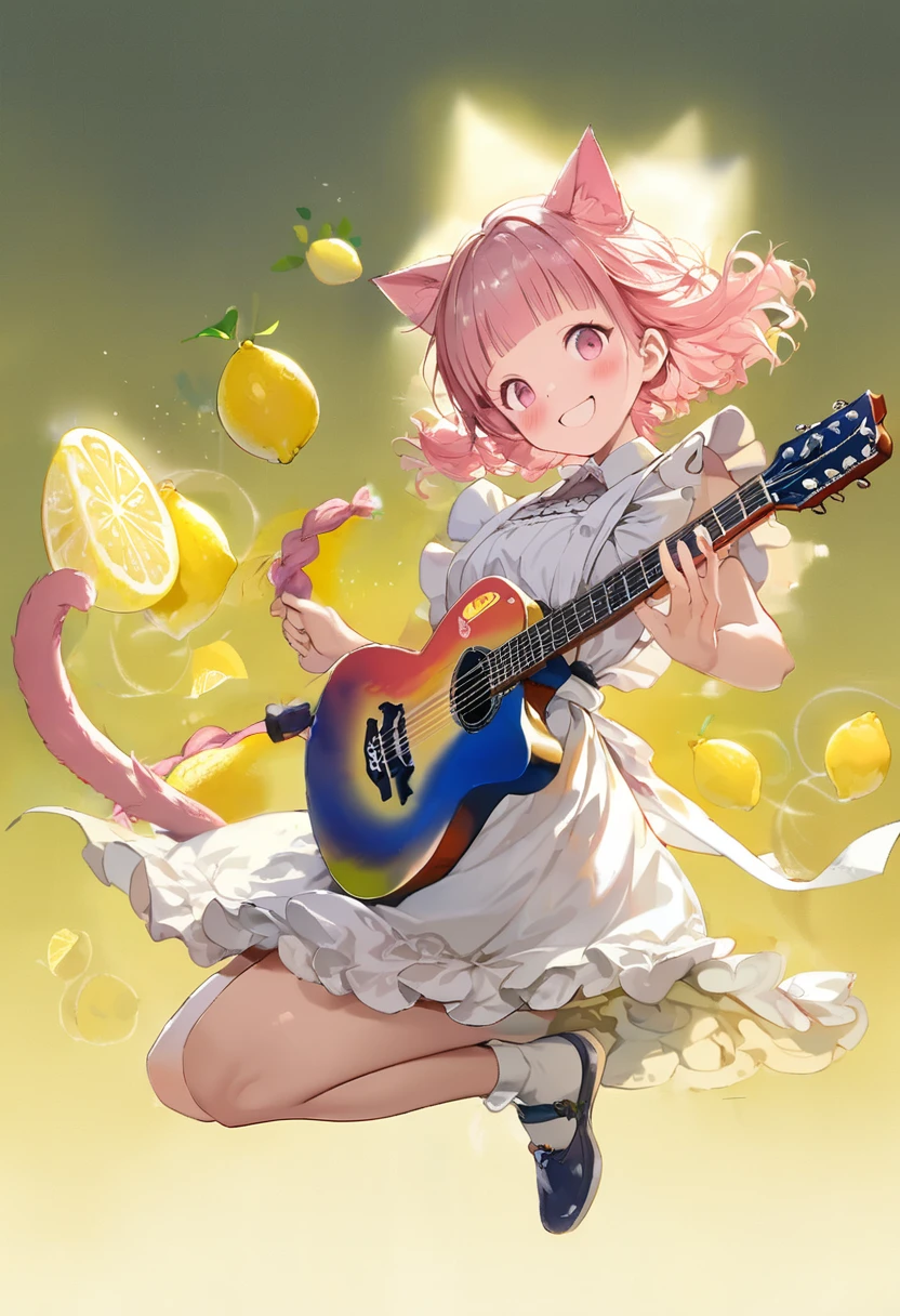 pink cat tail, lemon, right hand