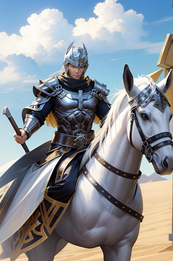 man strong,((Get a shield with a cross on it)) He is dressed in silver armor with gold details. ,Wearing your spiked helmet ,in a desert,The flag,strong wind,horses, (fully body) pose from the front