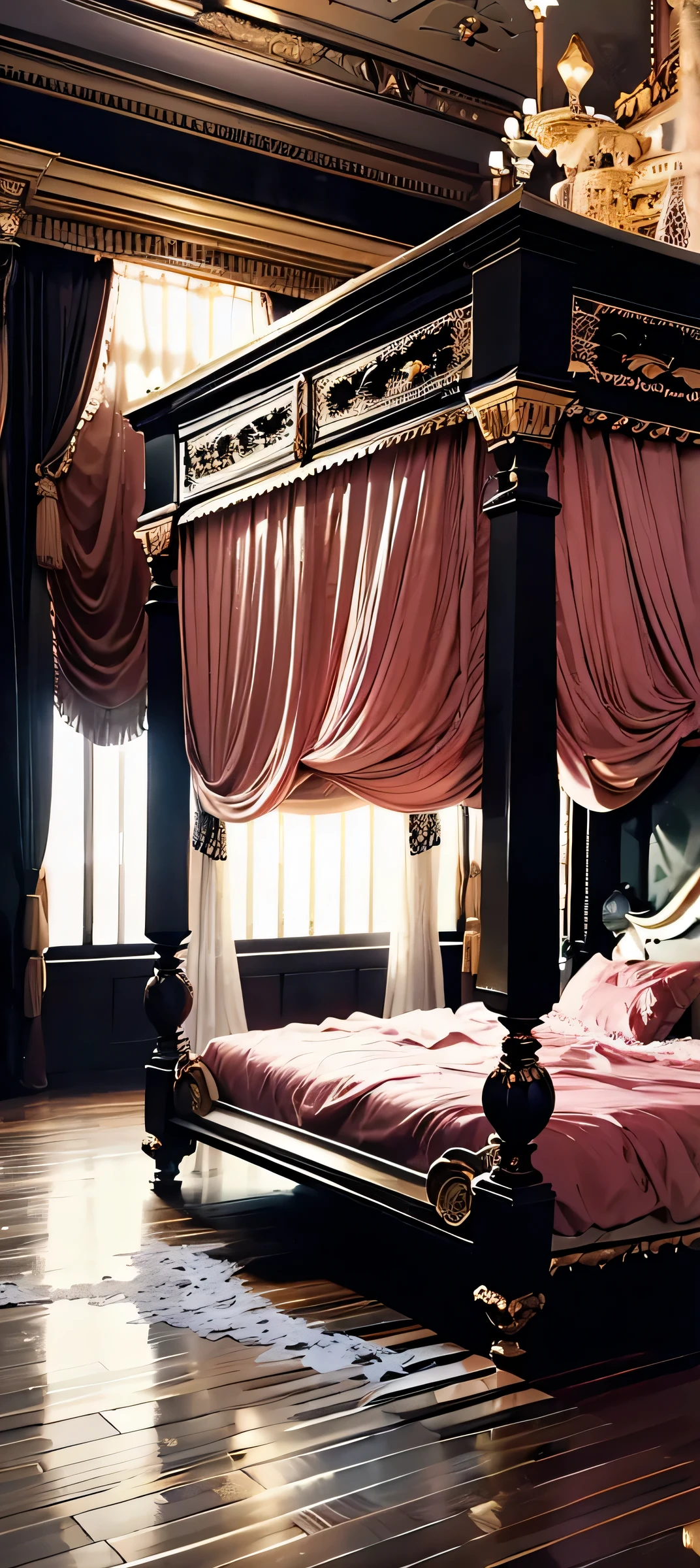 Best quality, masterpiece, ultra high res, raw photo, beautiful and aesthetic,deep shadow, dark theme,(ultra detailed:1.3), divine, royal bedroom, indoors, luxurious palace, medieval bedroom, canopy bed, full of curtains, pillows, jewelry, candlelight, queen bedrooms, pink room