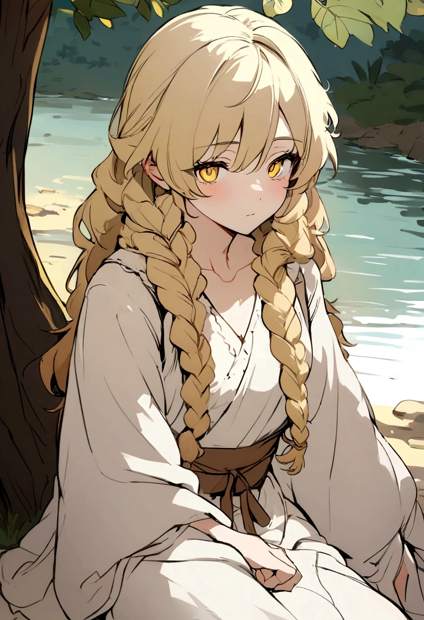 Masterpiece, High quality, High quality of art, anime lineart, Oil painting style, 1boy, Femboy, Light golden hair, braids, Yellow eyes, red eyeshadows, calm, half-asleep, near a large tree, feminine, in simple rustic clothes, Half-naked, morning, Pale, This boy is sitting under a tree near the river, Fluffy curly hair with braids, In the clothes of a boy of the Middle Ages