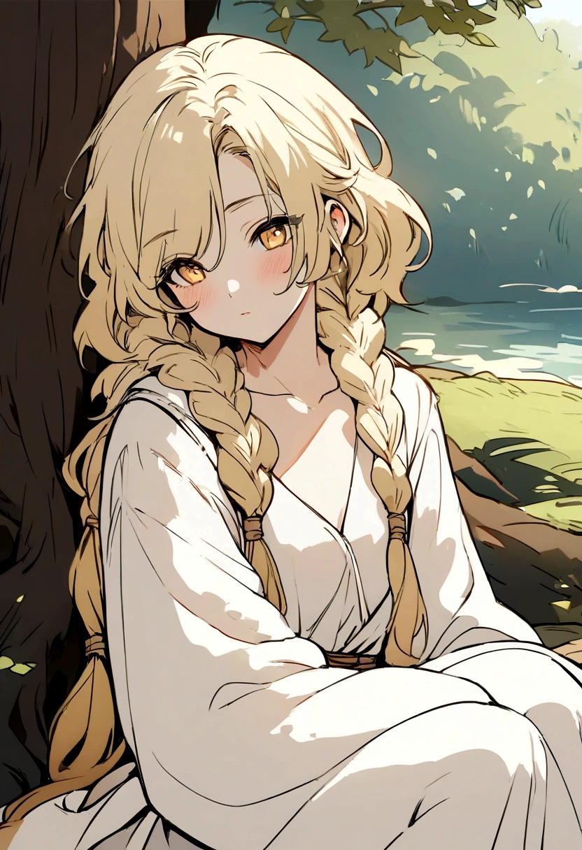 Masterpiece, High quality, High quality of art, anime lineart, Oil painting style, 1boy, Femboy, Light golden hair, braids, Yellow eyes, red eyeshadows, calm, half-asleep, near a large tree, feminine, in simple rustic clothes, Half-naked, morning, Pale, This boy is sitting under a tree near the river, Fluffy curly hair with braids, In the clothes of a boy of the Middle Ages