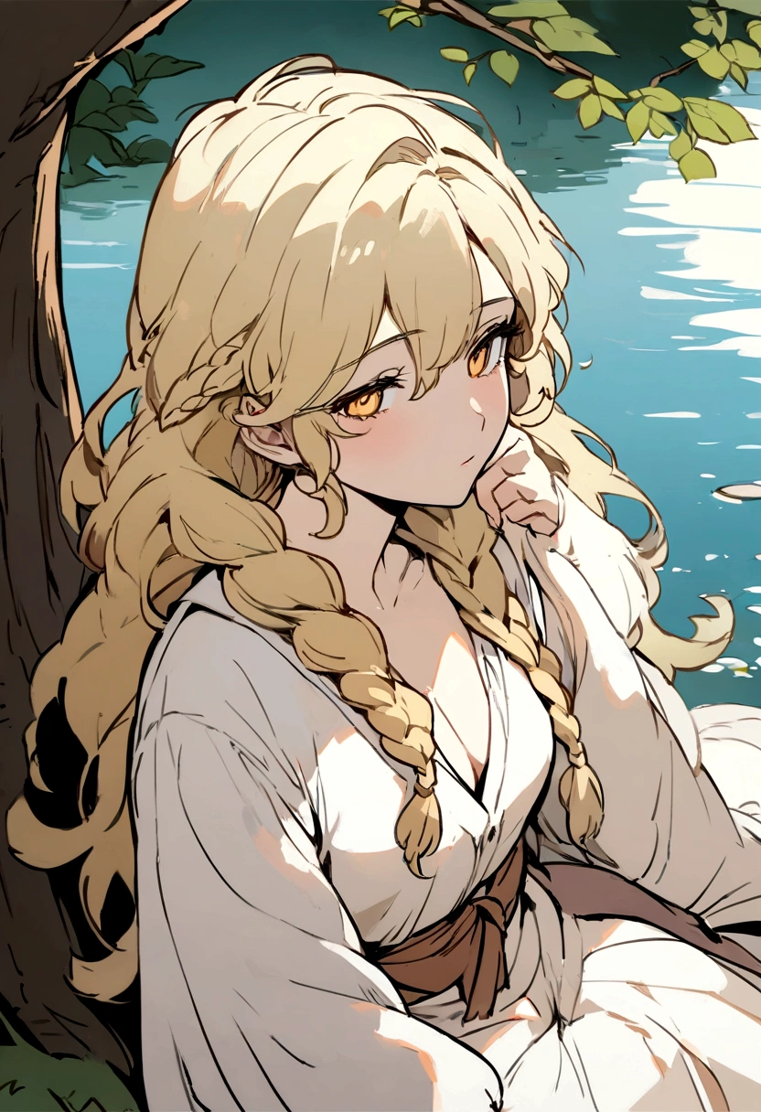 Masterpiece, High quality, High quality of art, anime lineart, Oil painting style, 1boy, Femboy, Light golden hair, braids, Yellow eyes, red eyeshadows, calm, half-asleep, near a large tree, feminine, in simple rustic clothes, Half-naked, morning, Pale, This boy is sitting under a tree near the river, Fluffy curly hair with braids, In the clothes of a boy of the Middle Ages