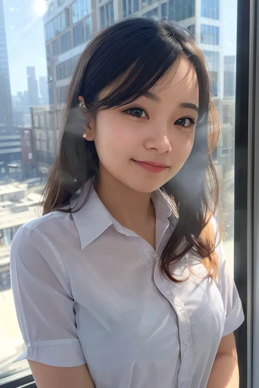 (Masterpiece:1.3), (8k, Photorealistic, RAW Photography, Best Quality: 1.4), (((1girl))), A pretty girl with perfect figure :1.4, Cute girl, Beautiful Face, (Realistic Face), Beautiful Hairstyle, Realistic Eyes, Beautiful Details, (Realistic Skin), Beautiful Skin, Attractive, Ultra High Definition, Ultra Realistic, Very Detailed, (small breasts:1.3), (flat chest), (cleavage:0.8), Japanese, young student, teen, semi-long curly hair, bangs, (Brown hair, small breasts:1.3), ((slim figure:1.2)), Small buttocks, (Japanese school uniform), On a plate of glass 300 meters above the ground