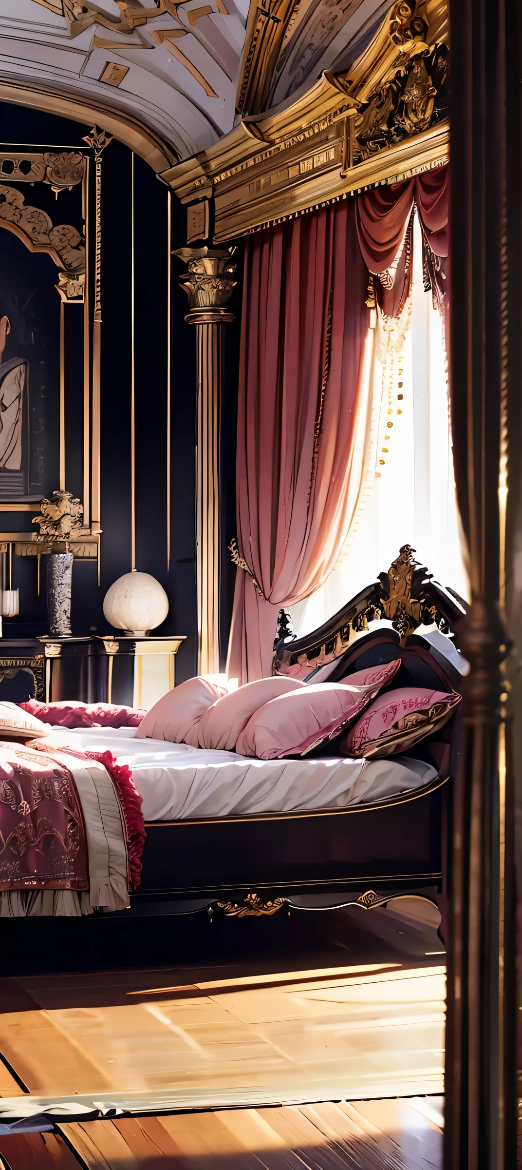 Best quality, masterpiece, ultra high res, raw photo, beautiful and aesthetic,deep shadow, dark theme,(ultra detailed:1.3), divine, royal bedroom, indoors, luxurious palace, medieval bedroom, canopy bed, full of curtains, pillows, jewelry, candlelight, queen bedrooms, pink room