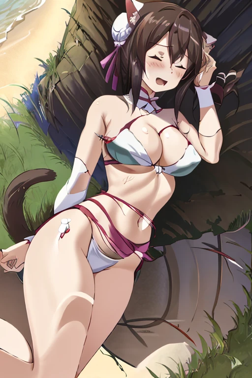 masterpiece, best quality, beautiful art, high resolution, well formed hands, body and fingers, 1 woman, solo, Lin Xiao Mei, cat ears and cat tail, grown up, adult, large and rounded breasted, cleavage, hair ornament, wearing a Tyris Flare outfit , white_bikini, full body, sexy and skimpy bikini, gorgeous hips, legs and thighs bouncing breasts,ryona,in peril, she is defeated, knocked out, passed out, torn_clothes, closed eyes, exhausted, unconscious, laying down on the sand, extended exposed body, full body on the sand, breathing heavily, sexy smirk on her face, bouncing breasts, sexy defeated pose, defeat and KO scene, fallen beauty, martial arts tournament with beach environment