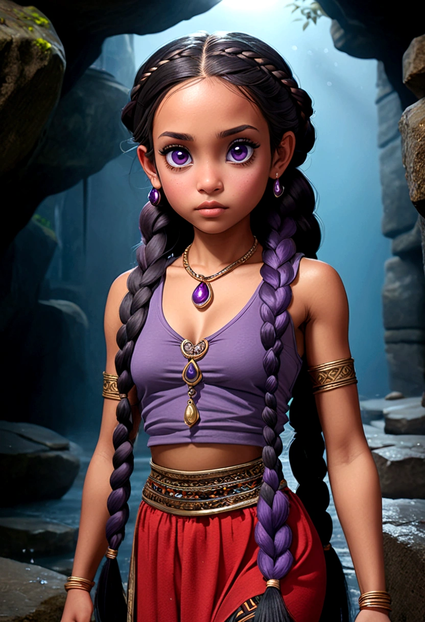 a young 9 year old daughter of severus snape,(((1 toddler:1.4))),(baby face),(round face),(little chest),(big forhead:1.2),(beautiful big eyes:1.3),extremely detailed cute anime face, (((flat chest))),((((long twin braids,tight braids,long braid,braided hair,long hime cut,dark hair,black hair,colored inner hair)))),(((purple_eyes:1.3))),intricate eyes,beautiful detailed eyes,symmetrical eyes,(big eyes:1.5),((((lustrous skin:1.5,tanned skin,bright skin: 1.5,skin tanned,shiny skin,very shiny skin,shiny body,Reflective skin)))),(((detailed face))),beautiful detailed lips, (cute,kawaii,(nsfw)),🦄,🌈, long loincloth,(navel),Shaman tribal clothes,thong tribal,(tribal clothes,style old Egypt),navel,barefoot,bare arms,exposed belly button,necklace,(tribal clothing),((red clothes,wet clothes,intricate outfit)), dynamic pose,looking at viewer,embarrassed,centered,scale to fit dimensions,Rule of thirds, indoor,underground,((A deep, cavernous cave with jagged rock walls, illuminated by the (dim light of bioluminescent mushrooms) and (jewels) embedded in the walls. The atmosphere is humid and cool, with (mosses and lichens) growing in the humid areas. (The crystals and minerals reflect light), creating a ((magical effect)). ((The gems radiate an intense brilliance) that illuminates the darkness of the cave, and the crystalline water droplets shine in the dim light. ((Puddles of water)) on the ground reflect light from the gems, creating an even more ((magical effect)))),scenery,extremely scenery, (Glossy Egyptian ornaments),(intricate),(masterpiece),(intricate background),((intricate detail)),(((Subtly lit, subtle colors))), highres,(best quality),(ultra detailed,extremely detailed),perfect face details,,artistic photography,
