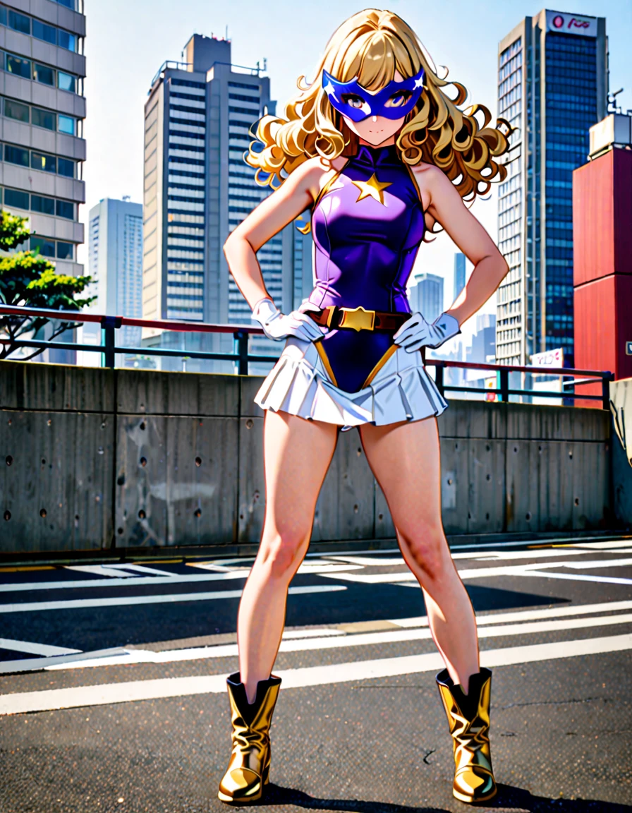 One girl, Medium chest, (((leotard, アメリカン的なleotard, No sleeve, White mini skirt,barefoot))), ((Tight belt, Gold Belt)), ((boots, matching boots, ankle boots, white boots)), ((gloves, white gloves)), Urban Background, tokyo Urban Background, alone, single, Hands on hips, Are standing, ((Full Body Shot)), Cowboy Shot, Superhero, ((Beautiful attention to detail)), (Gold star symbol on chest), (((Purple eye mask))),(((blue eyes))),(((Blonde Hair, Medium length curly hair, blue eyes))), (Perfect Anatomy), masterpiece, Highest quality