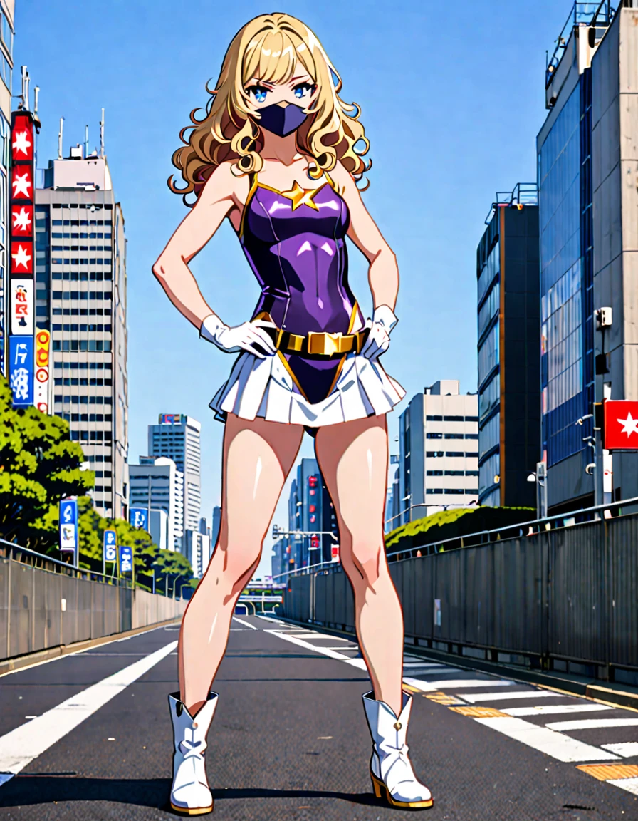 One girl, Medium chest, (((leotard, アメリカン的なleotard, No sleeve, White mini skirt,barefoot))), ((Tight belt, Gold Belt)), ((boots, matching boots, ankle boots, white boots)), ((gloves, white gloves)), Urban Background, tokyo Urban Background, alone, single, Hands on hips, Are standing, ((Full Body Shot)), Cowboy Shot, Superhero, ((Beautiful attention to detail)), (Gold star symbol on chest), (((Purple eye mask))),(((blue eyes))),(((Blonde Hair, Medium length curly hair, blue eyes))), (Perfect Anatomy), masterpiece, Highest quality