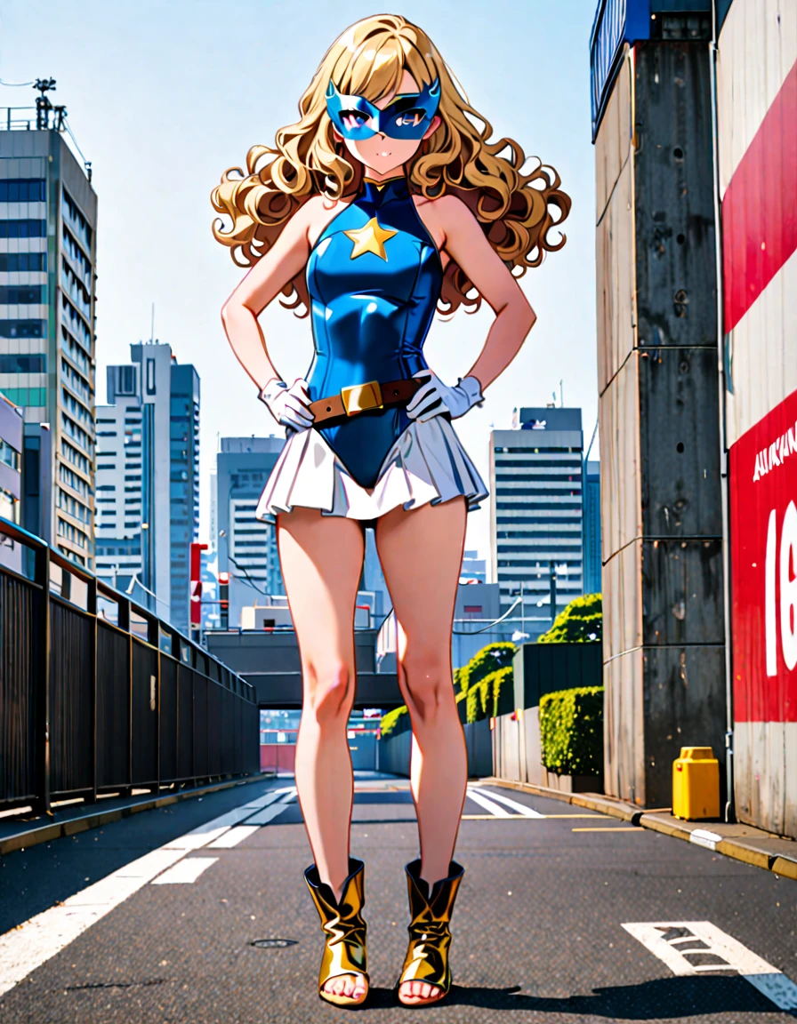 One girl, Medium chest, (((leotard, アメリカン的なleotard, No sleeve, White mini skirt,barefoot))), ((Tight belt, Gold Belt)), ((boots, matching boots, ankle boots, white boots)), ((gloves, white gloves)), Urban Background, tokyo Urban Background, alone, single, Hands on hips, Are standing, ((Full Body Shot)), Cowboy Shot, Superhero, ((Beautiful attention to detail)), (Gold star symbol on chest), (((Purple eye mask))),(((blue eyes))),(((Blonde Hair, Medium length curly hair, blue eyes))), (Perfect Anatomy), masterpiece, Highest quality