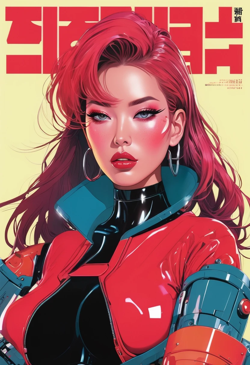 sexy female cyborg, red blush、please be shy、full of embarrassment magazine cover, poster art , hint of neon vibrant, bold huge text, matted design layout.