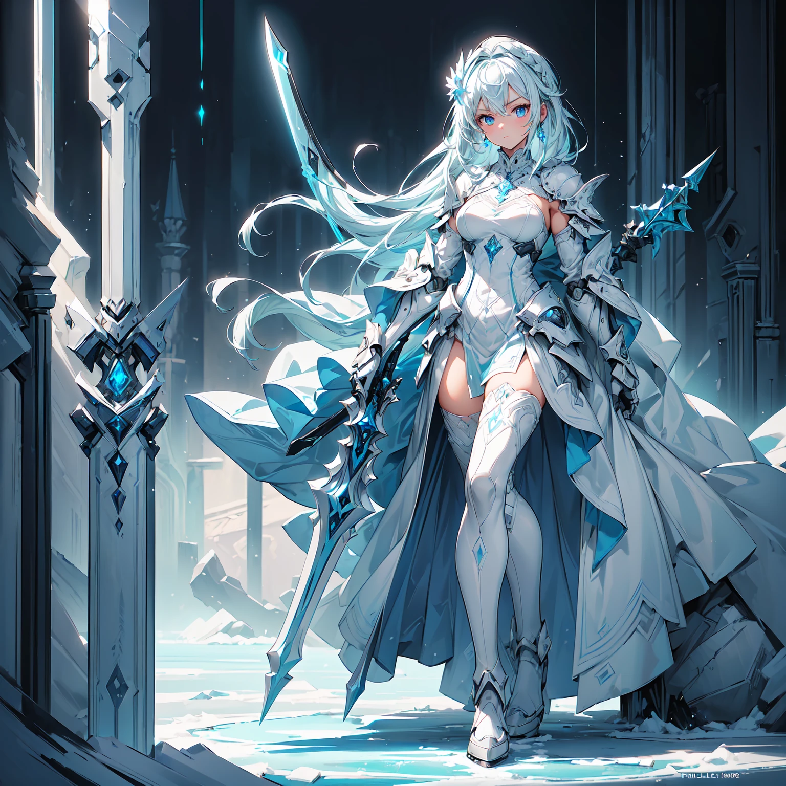 (((masterpiece, best quality, high detailed, 8k))) Design a layout showcase Gaming character, (1girl). Blue|White clothes, stylish and unique. ((showcase weapon:1.4)), ice spear. (masterpiece:1.2), (best quality), 4k, ultra-detailed. (Step by step design, layout art:1.5), (luminous lighting, atmospheric lighting). ice queen, ((glove full hands)), (((revealing clothes:1.3))), vambraces, armored legwear, (((full_body_shot:1.4))). {On a frozen lake}.