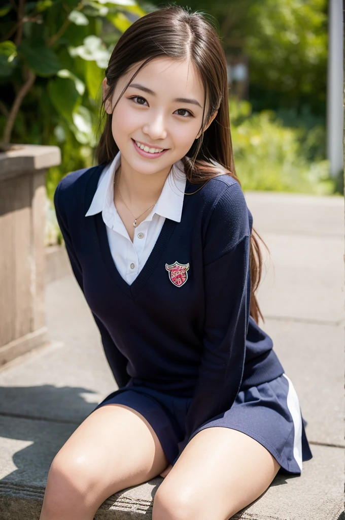 (Only one person), Pure Japanese  girl, wearing uniform, white tights, natural makeup and lips, thick eyebrows, natural hair styles, sweet smile, sitting outdoors, soft summer sunlight, sexual attractive, sweet temptation, professional photography, 