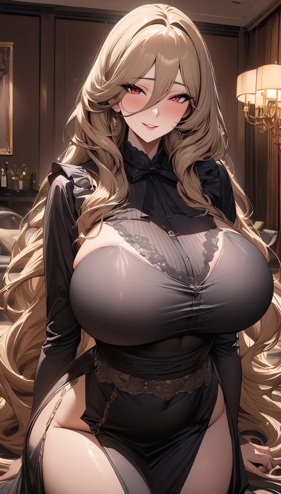 Masterpiece, very detailed, ultra detailed, one, (1 female maid), she is in a simple maid dress with white detailing, and in an elegant position, super mature, tall, milf, mature mother, super long hair, golden hair, with ultra-golden hair and hair combed on the side, beautiful, charming, light bloody red eyes, elegant, large breasts (huge), cheerful breasts, mother's face, mother’s smile, charming, maternal atmosphere, she stands in her workplace against the background of luxurious furniture in the living room.