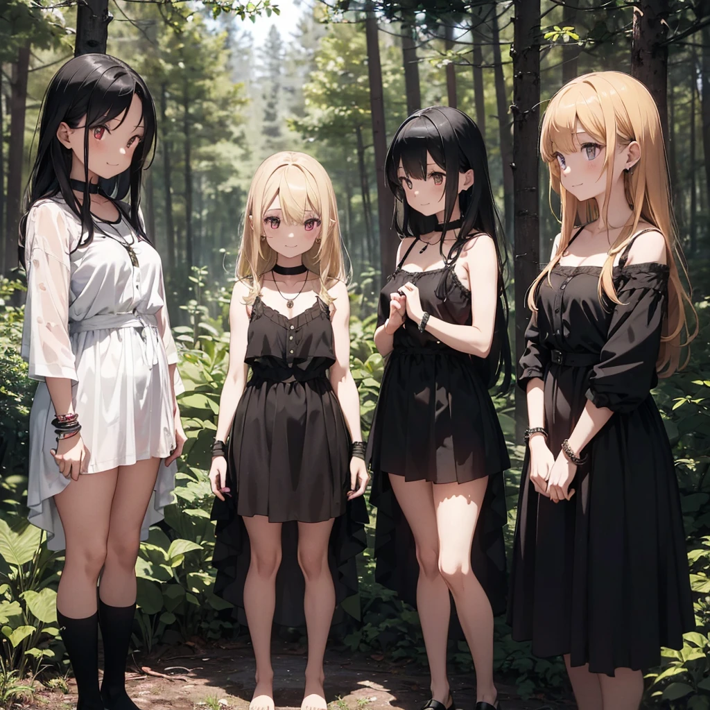 a group of beautiful witch girls in the middle of a forest in the night, black clothes, black and red clothes, necklaces, girls standing,short skirt, sexy, light dress, transparent dress, girls standing in the middle of the forest , bracelets, earrings, completely naked tribal tattoos, three girls, blonde hair, black hair , red hair, smile