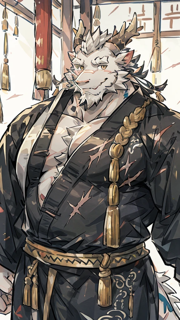 (white eastern dragon),furry,white mustache,big pecs,hearty males,muscular,black imperial robe,naked,adult,traditional_chinese_room,head portrait,scar